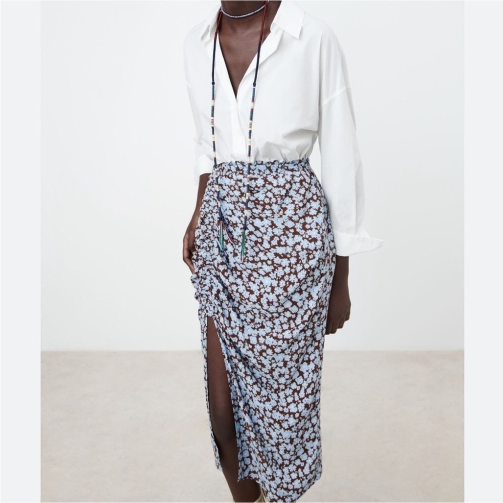 zara Women Xs Midi Skirt M floral printed blue brown Beach Retro New 2492/154